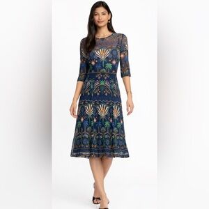 Johnny Was Jade Nova Paneled Midi Dress Embroidered Navy XS